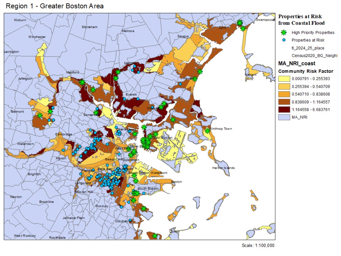 Map of Greater Boston coastal flood risk and community risk factors