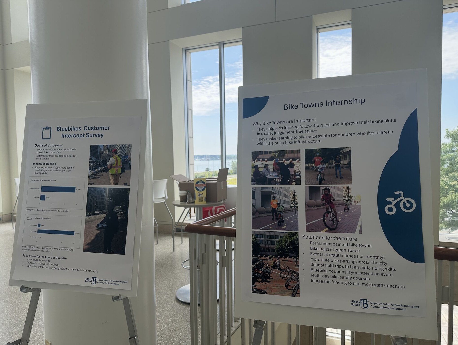 Student posters about Bluebikes and Bike Towns