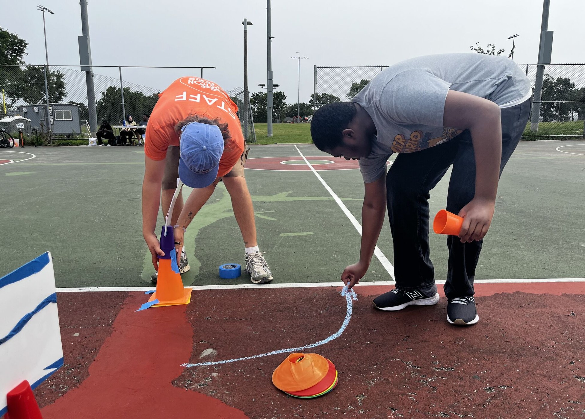 Students setting up a Bike Town activity